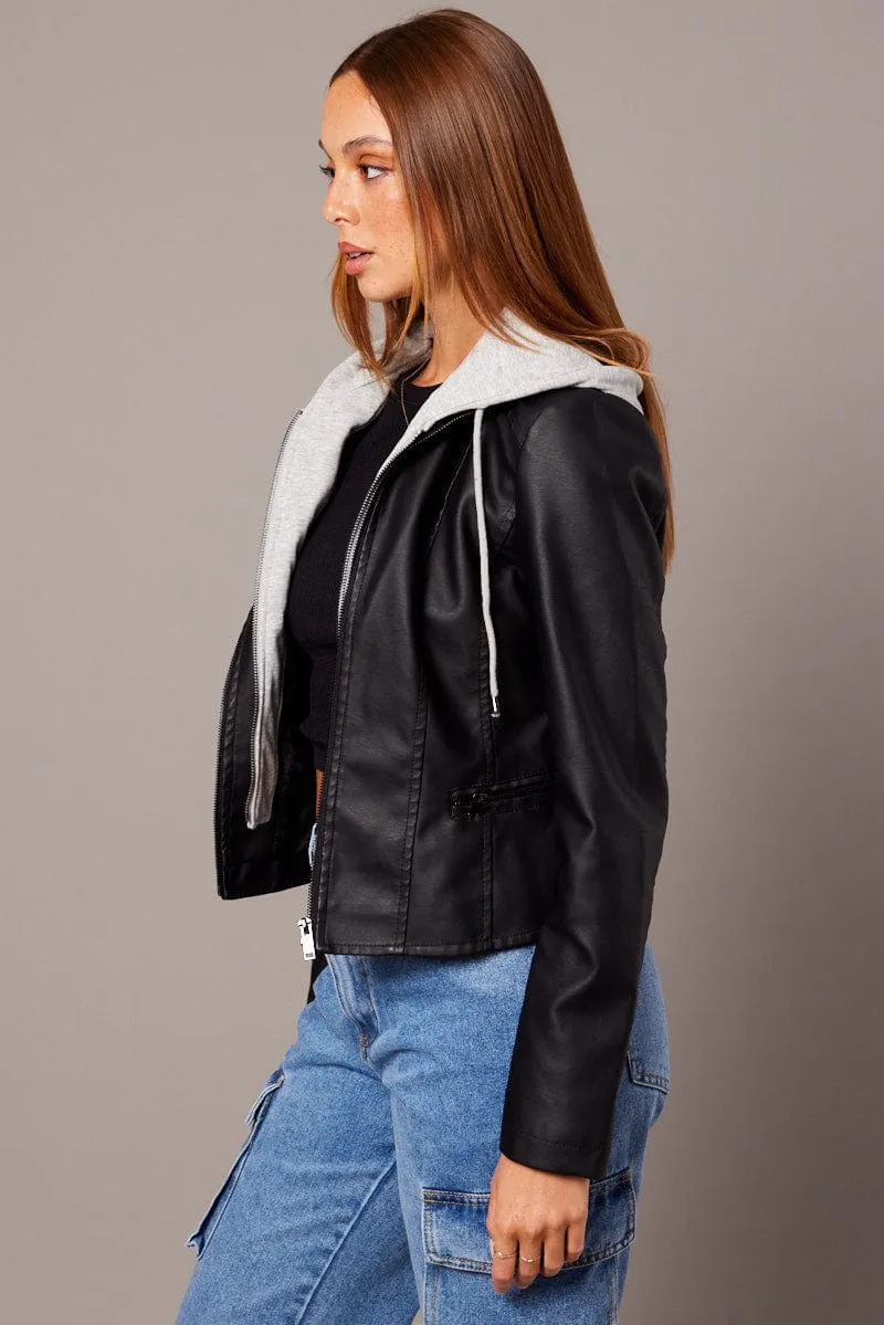 Black Faux Leather Jacket Long Sleeve Hoodie Comfy Hoodies Travel Relaxed