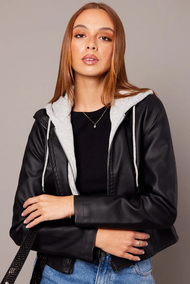 Black Faux Leather Jacket Long Sleeve Hoodie Outdoor Layer