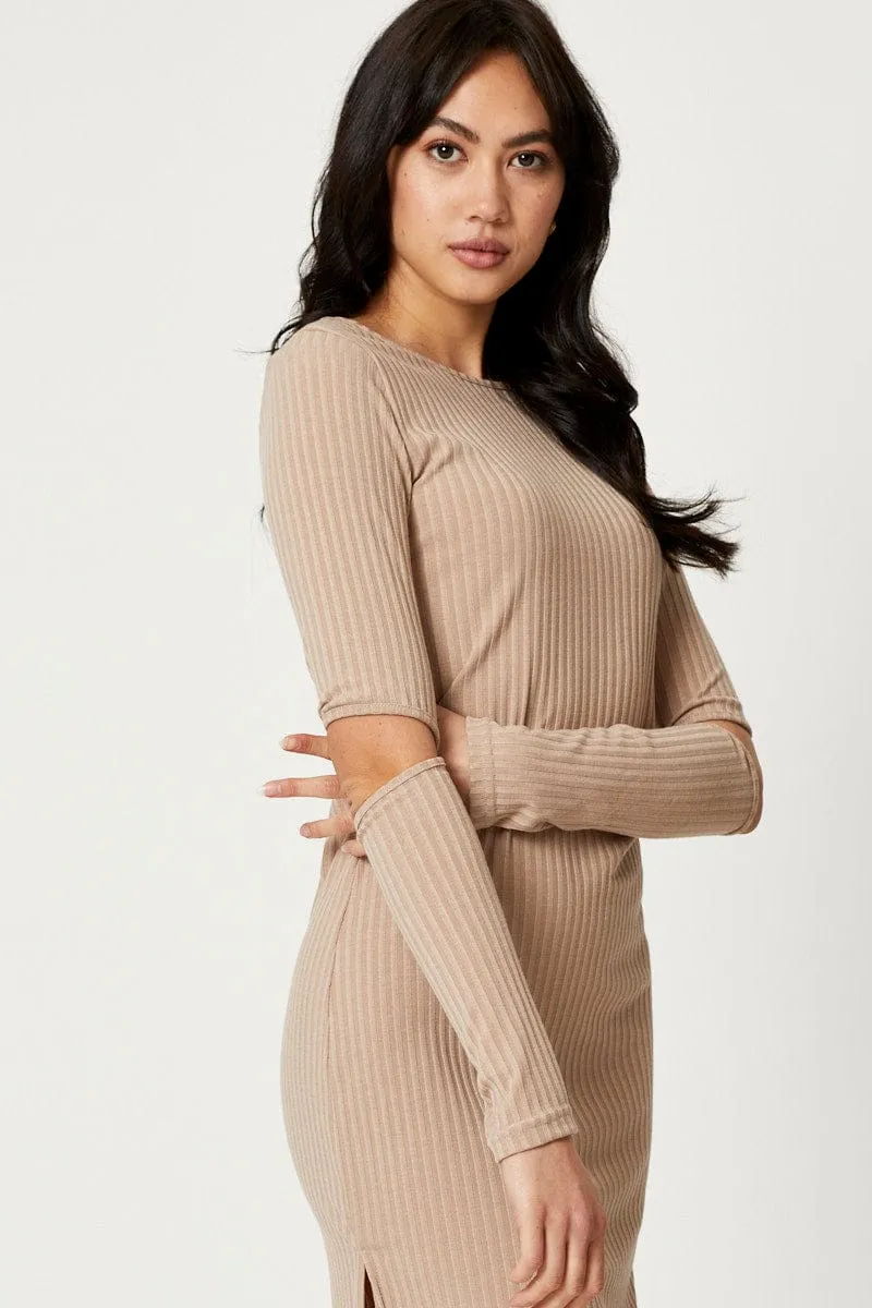 Polished Style Brown Midi Dress Long Sleeve