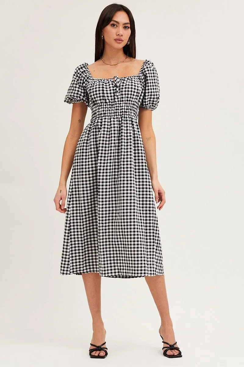 Check Dress Short Sleeve Midi Square Neck Soft draping fabric dress