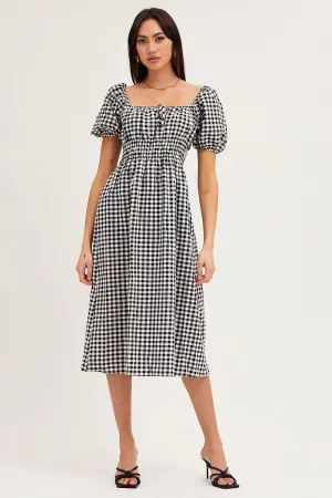 Check Dress Short Sleeve Midi Square Neck chic aesthetic Versatile midi for travel