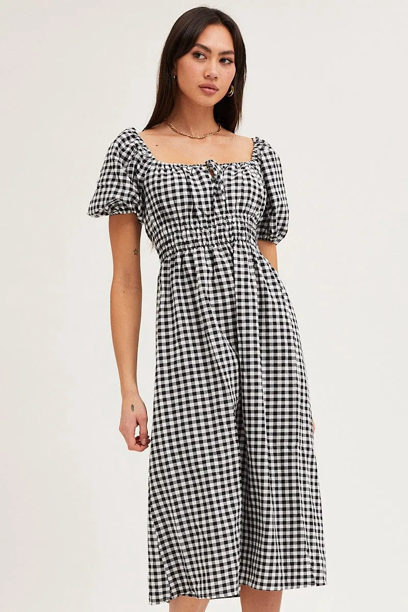 Check Dress Short Sleeve Midi Square Neck Seasonal Comfort