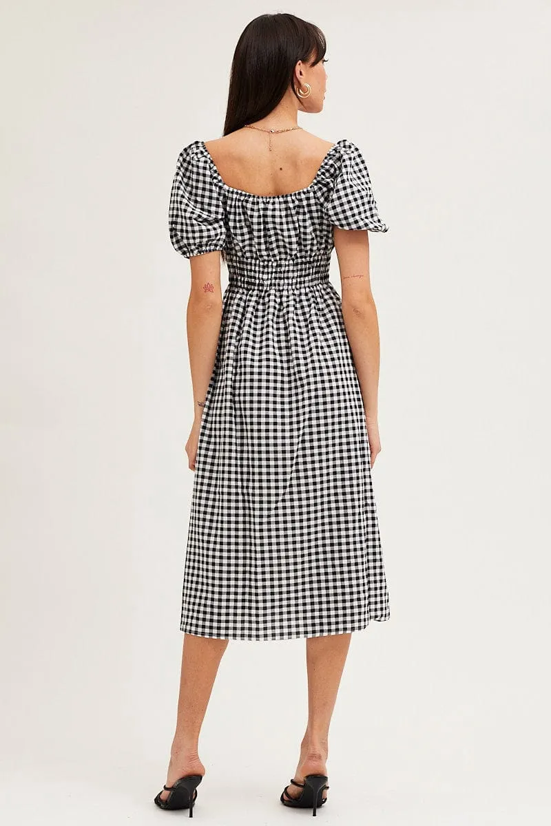 Check Dress Short Sleeve Midi Square Neck Timeless Look