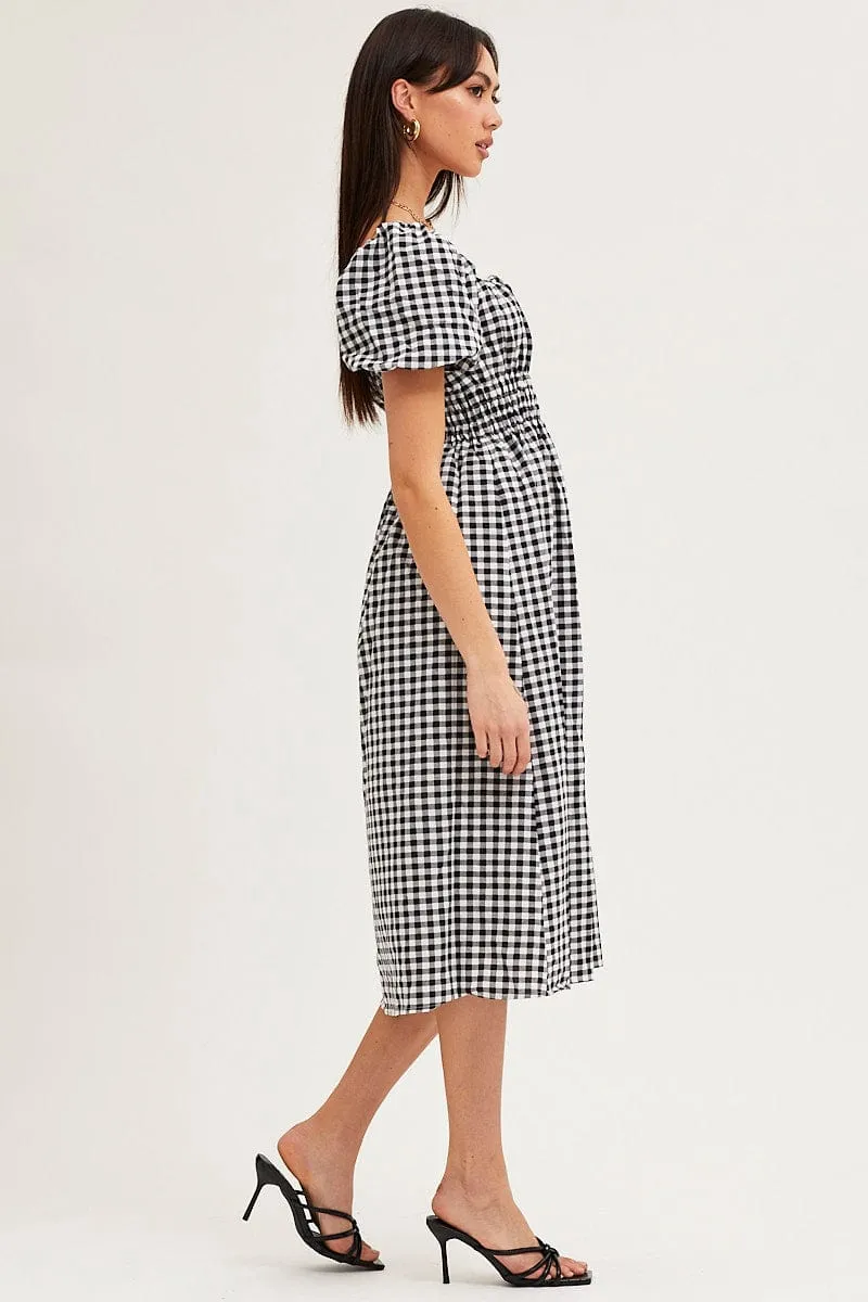 Check Dress Short Sleeve Midi Square Neck Relaxed fit knee-length piece Rainbow Arc