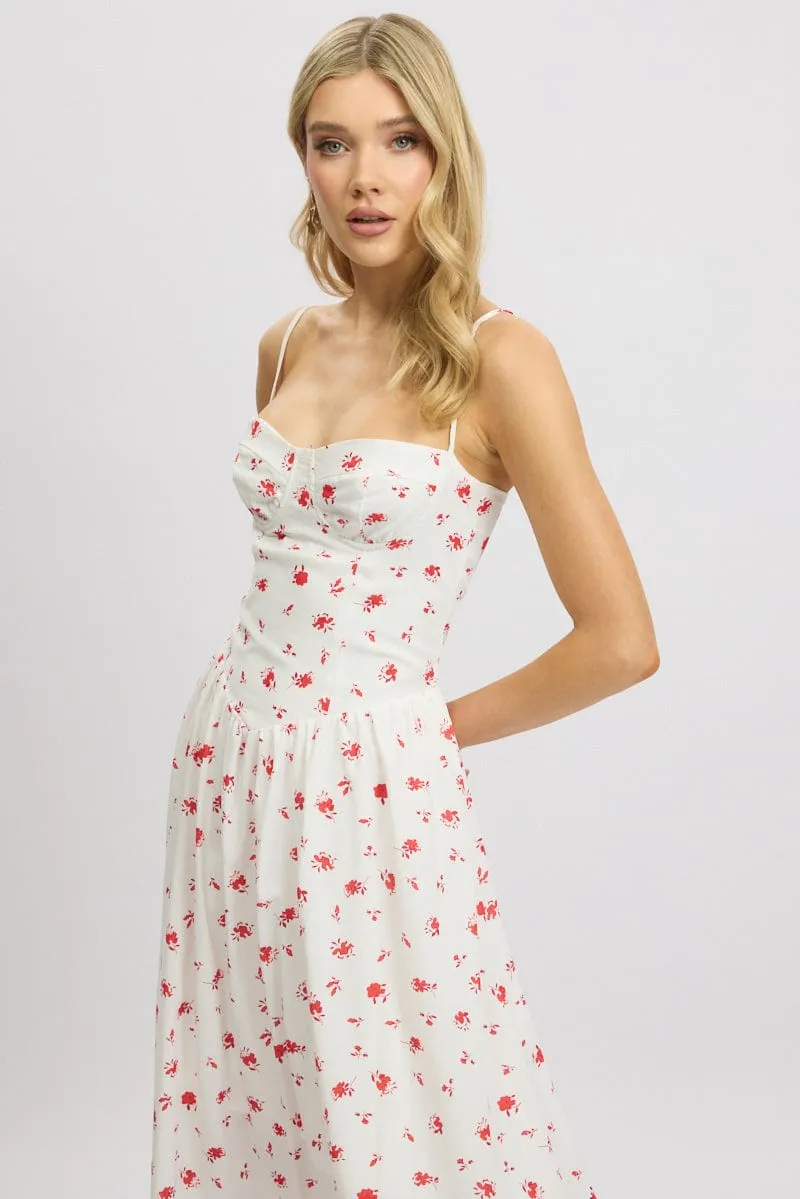 Casual Fashion Wood Scent White Floral Midi Dress Corset Detail