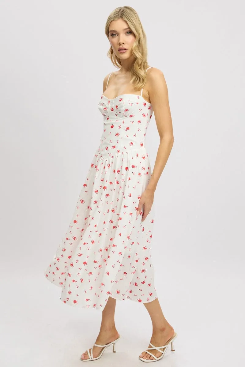 Elegant Details Modern Feminine White Floral Midi Dress Corset Detail