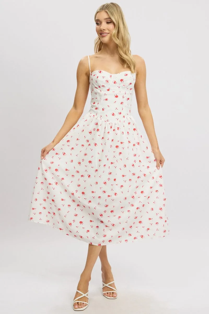 White Floral Midi Dress Corset Detail Minimalist Design Casual Style