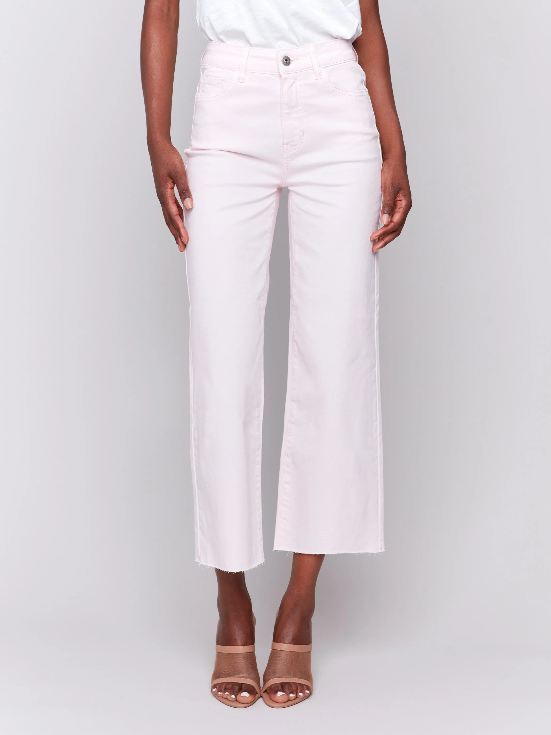 Minimal Fading Circular Knit Construction Wide Leg Twill Pants With Raw Edge - Petal