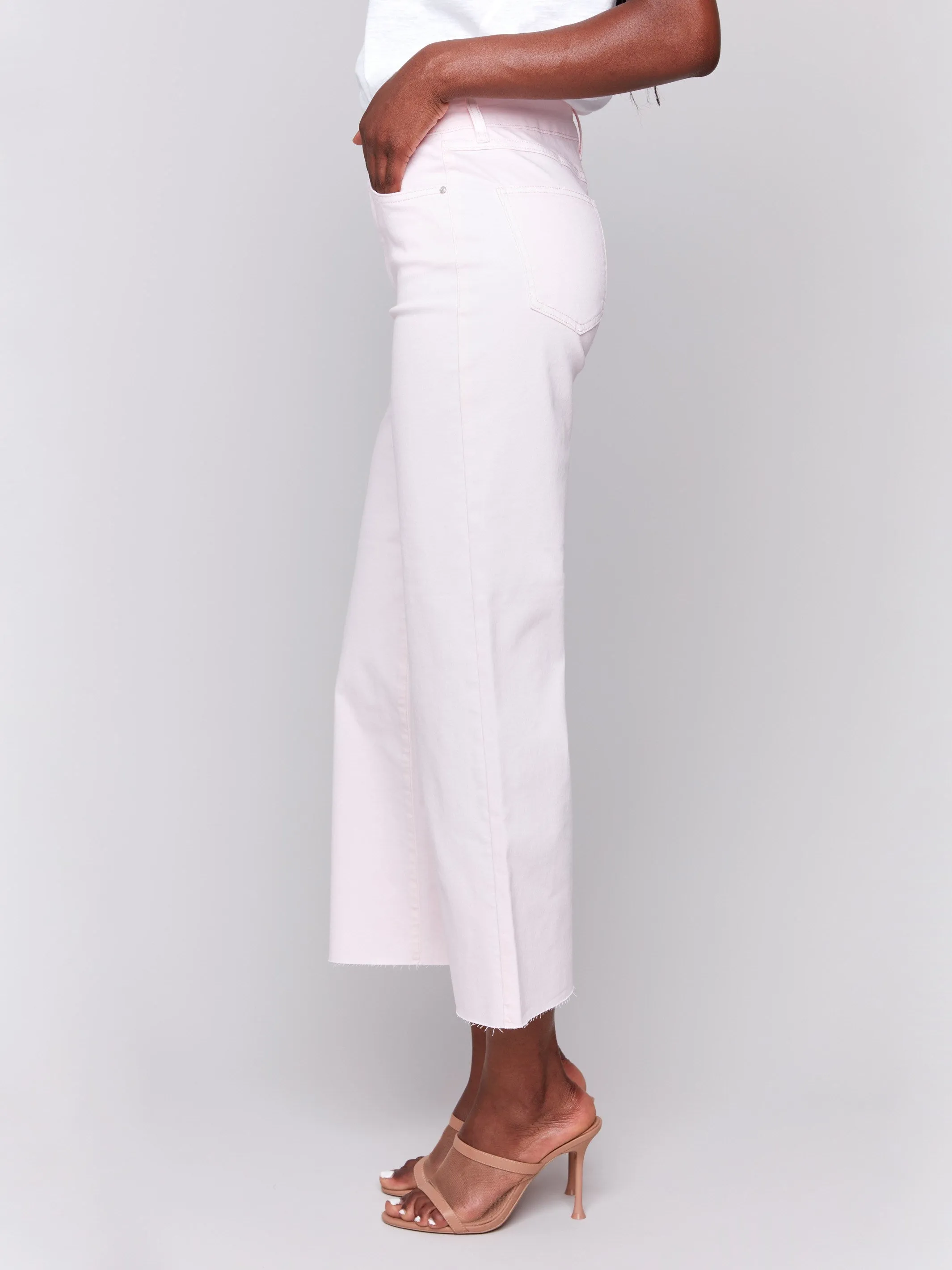 Winter Warmth Sustainable Multi Pocket Design Wide Leg Twill Pants With Raw Edge - Petal