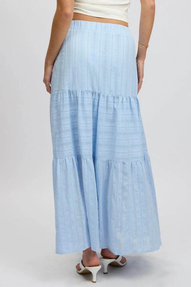 Adjustable drawstring Blue Tiered Maxi Skirt High Rise Elastic Waist Lined