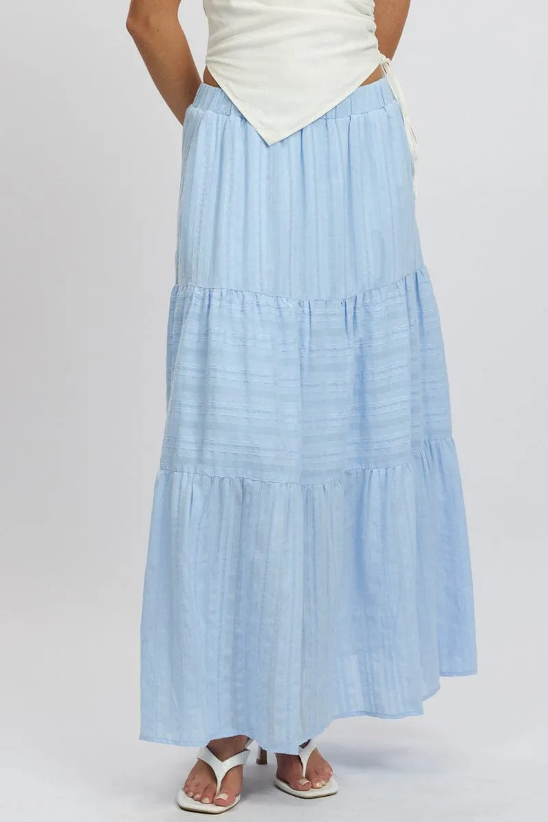 Lightwear Look Blue Tiered Maxi Skirt High Rise Elastic Waist Lined