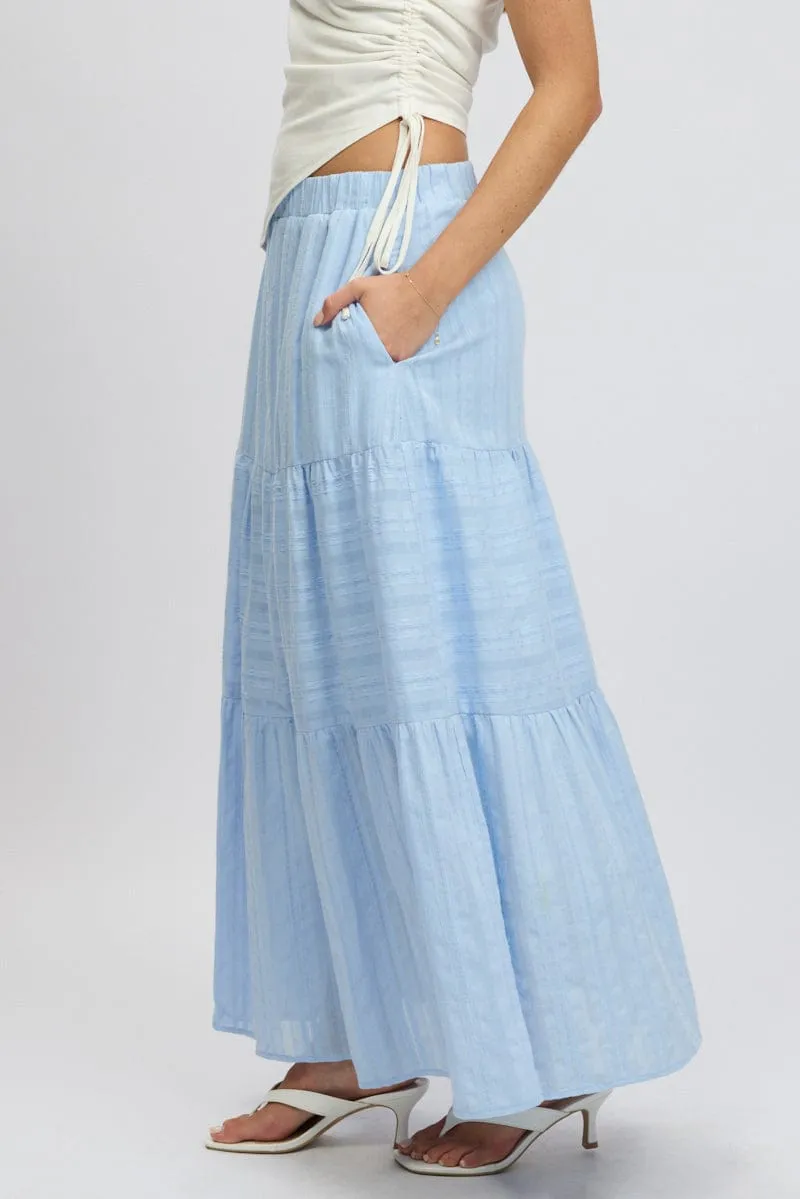 Button Fastenings Blue Tiered Maxi Skirt High Rise Elastic Waist Lined