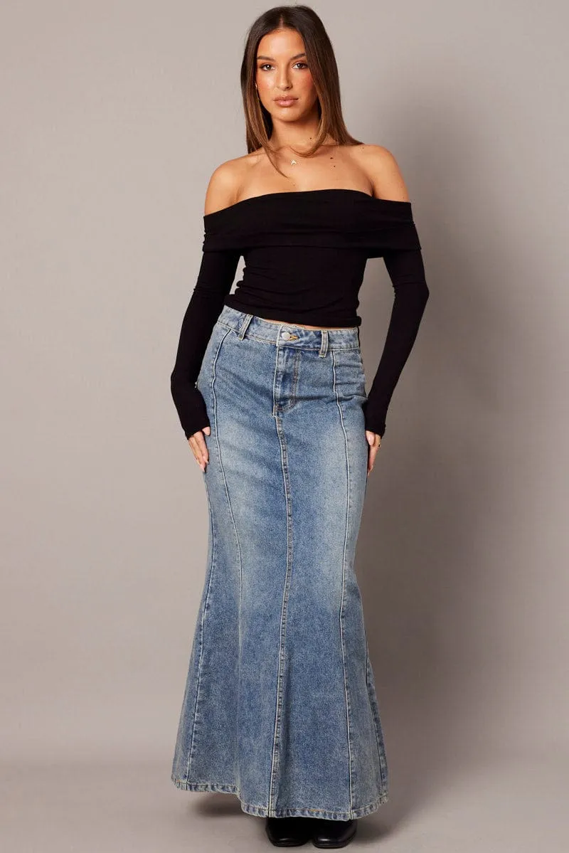 Inverted Pleats Denim Maxi Skirt High Rise