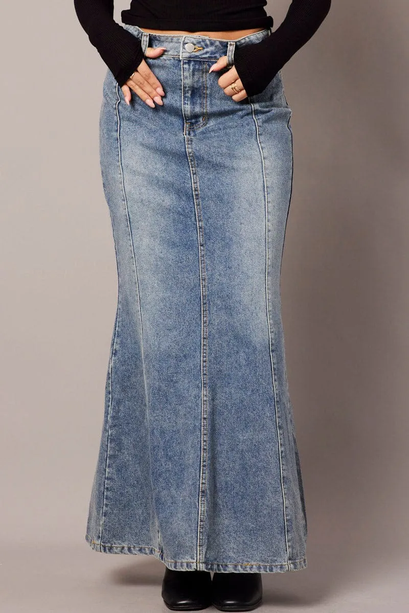 Layered Design Trendy Outfit Denim Maxi Skirt High Rise