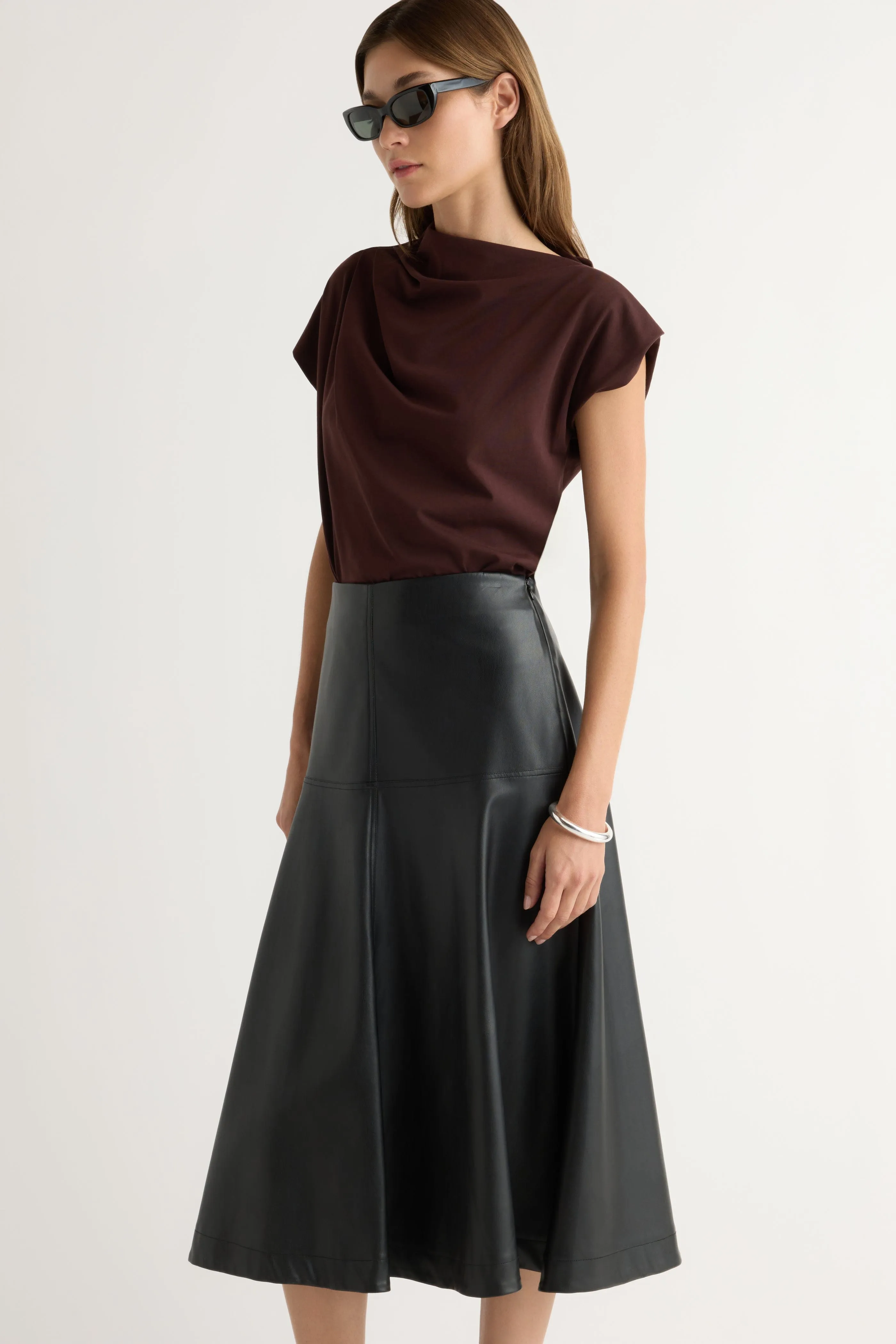 Harley A-Line Vegan Leather Skirt Natural Look Layered Hem