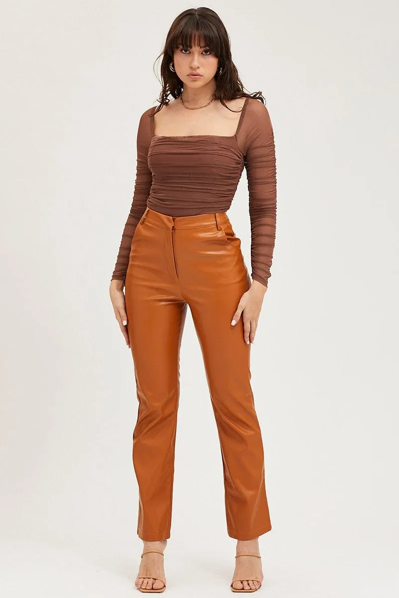 Beige Flare Pants High Rise Faux Leather Low Maintenance Timeless Wear