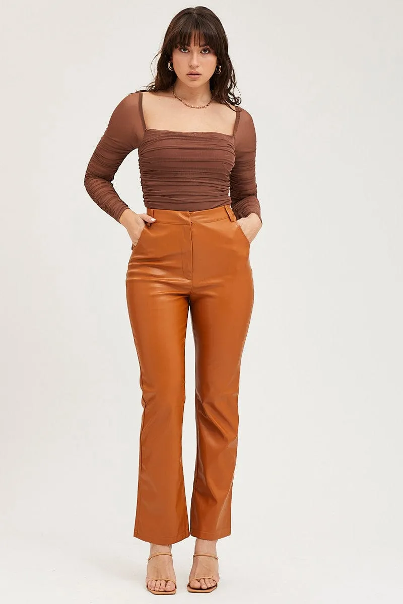 Beige Flare Pants High Rise Faux Leather Cozy Touch