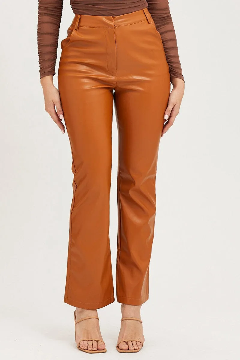 Comfortable Movement Beige Flare Pants High Rise Faux Leather