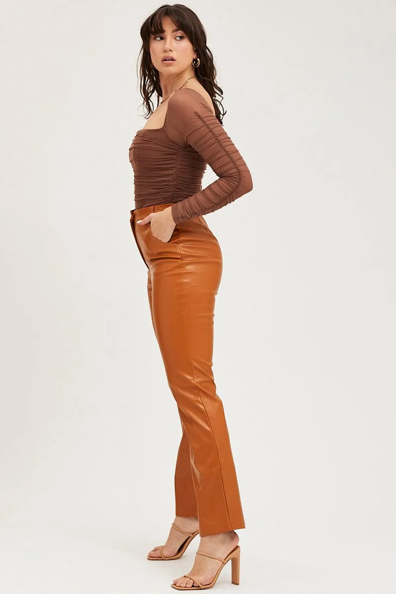 Beige Flare Pants High Rise Faux Leather Stretch Fabric Practical Wear