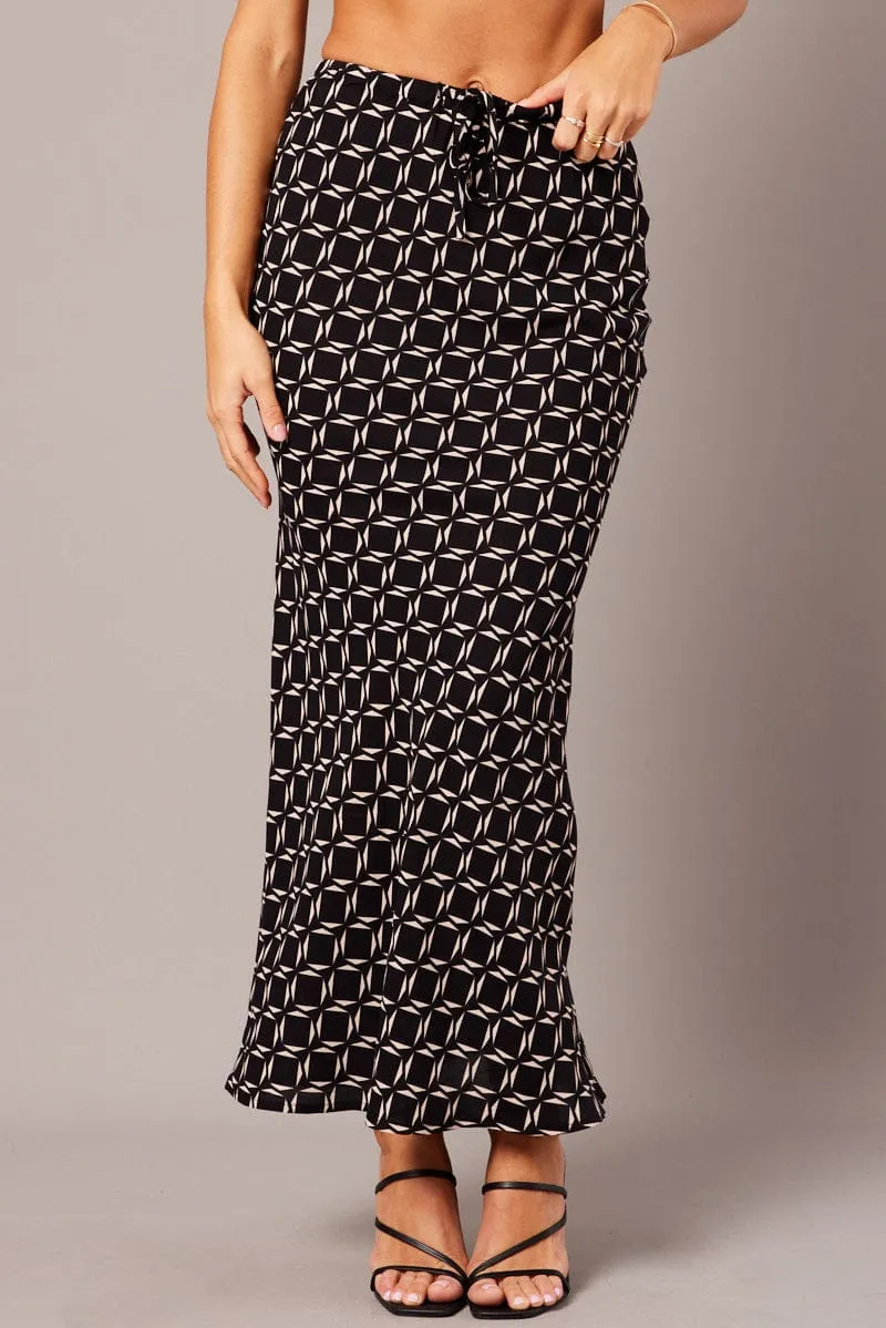 Stretch Comfort Black Geo Slip Skirt Maxi Drawstring Waist