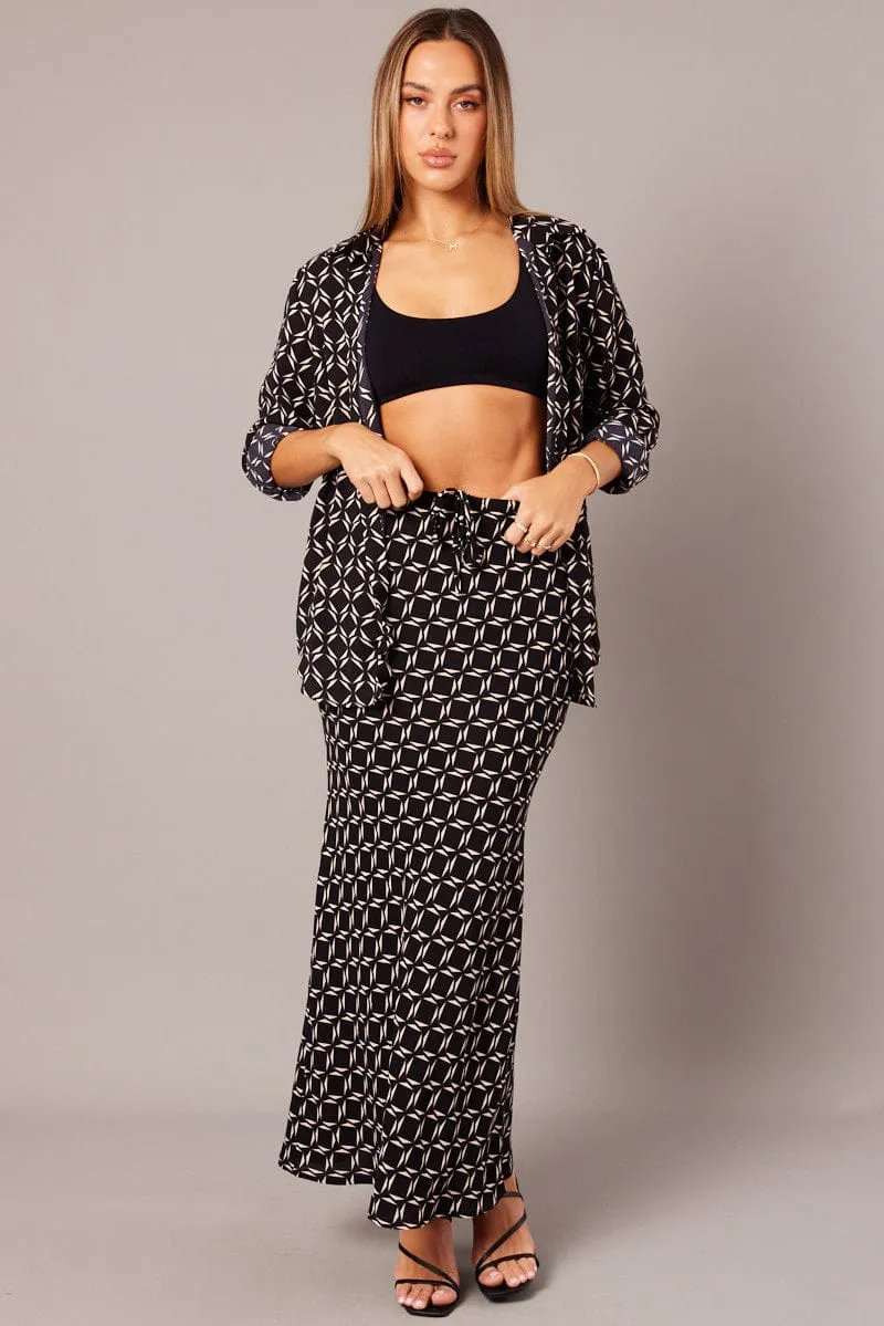 Black Geo Slip Skirt Maxi Drawstring Waist Smooth Motion
