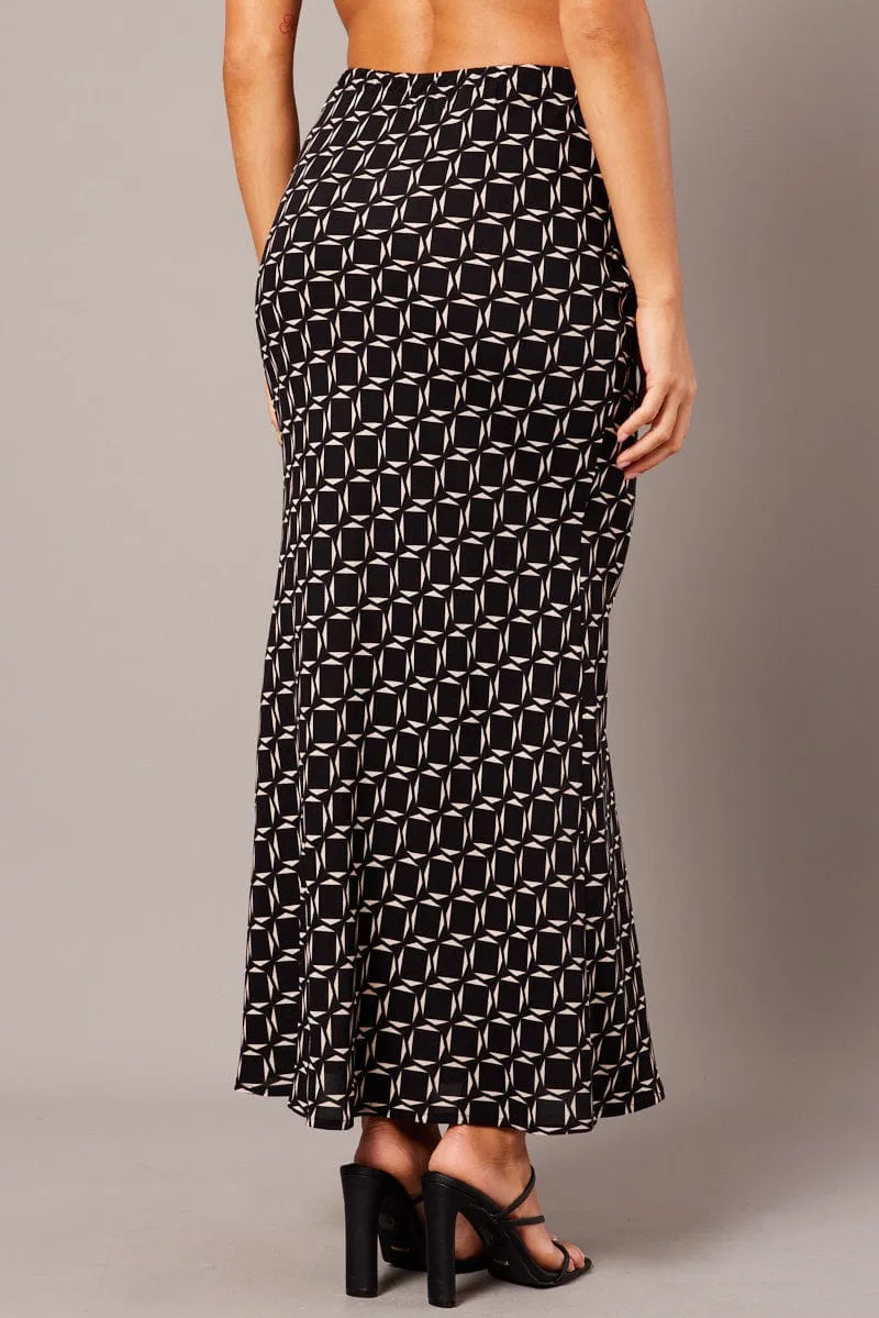 Playful Vibe Cruise Attire Black Geo Slip Skirt Maxi Drawstring Waist