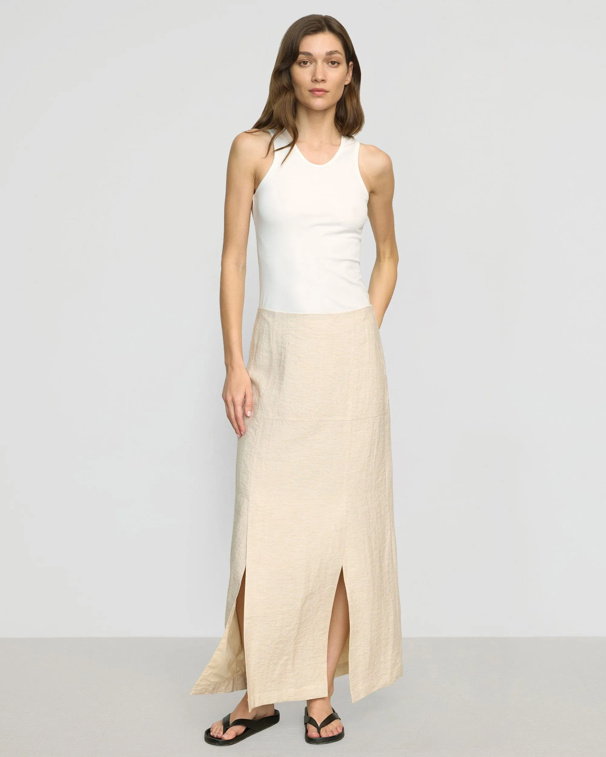 Tear Resistant Material Ranni Front-Vent Linen-Blend Skirt