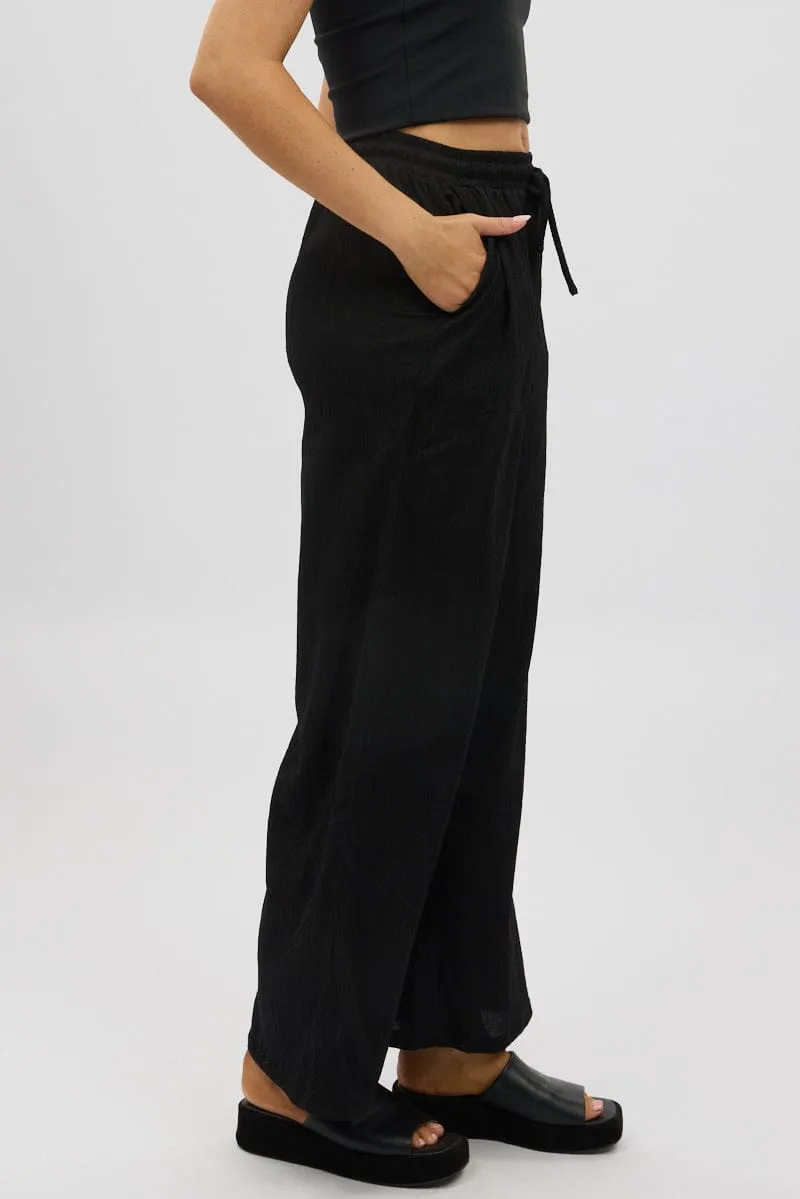 Black Wide Leg Pants Elasticated Waist ReinforcedSeams