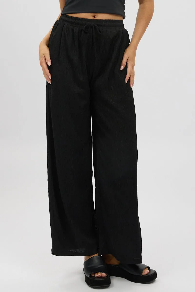 Embroidered Detail Wrinklefree Black Wide Leg Pants Elasticated Waist
