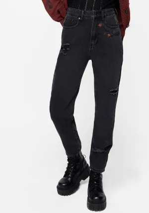 Selvedge Detailing Foxfire Embroidered Distressed Mom Jeans