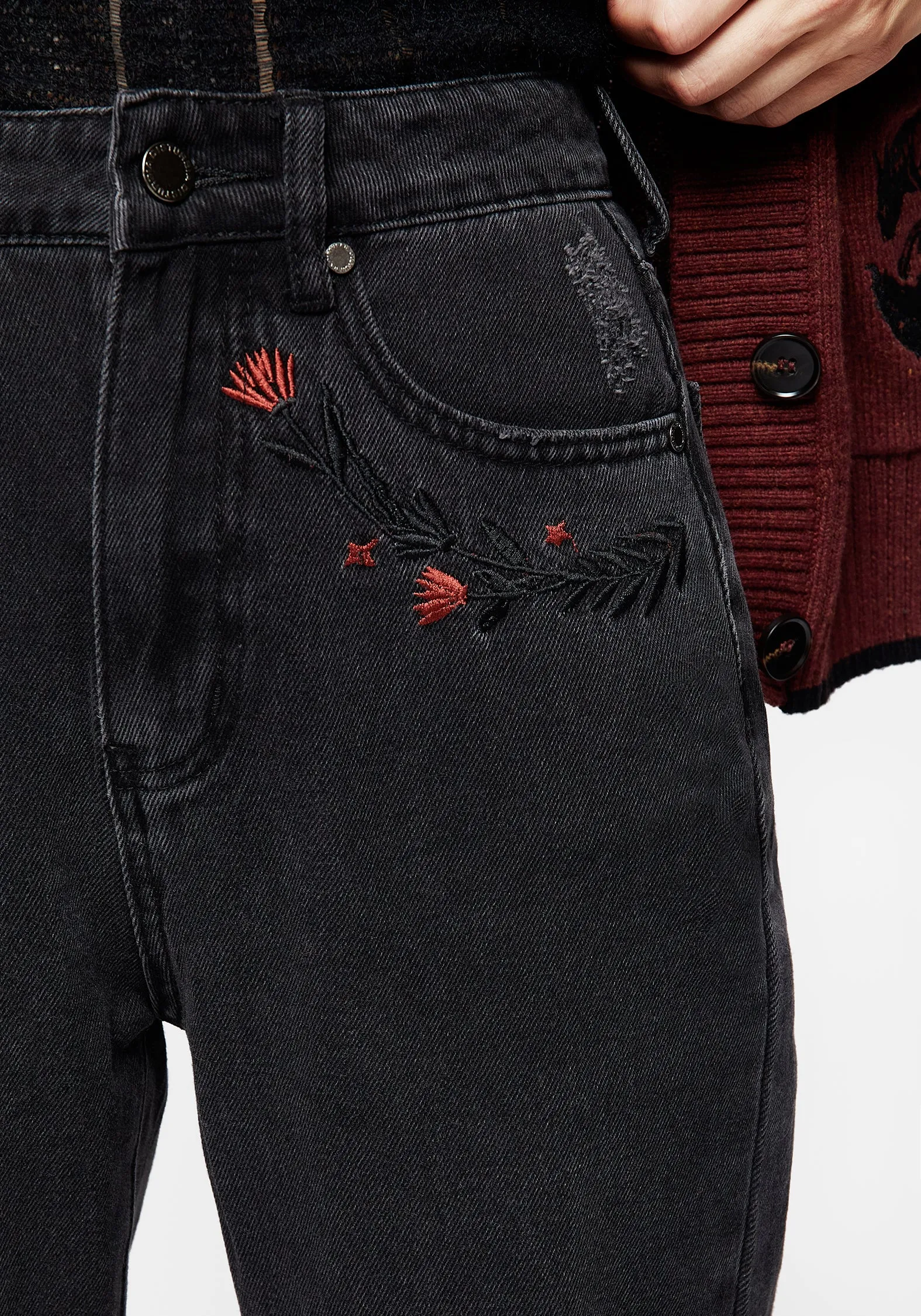 Foxfire Embroidered Distressed Mom Jeans light feel Modern Attire