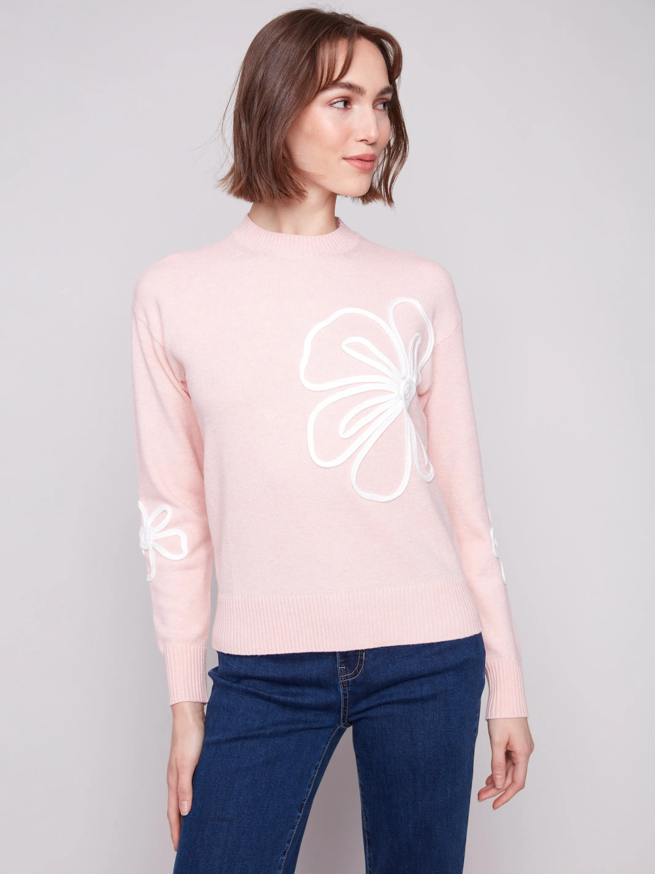 Crew Neck Floral Soutache Sweater - Heather Ballet Comfy Warmth