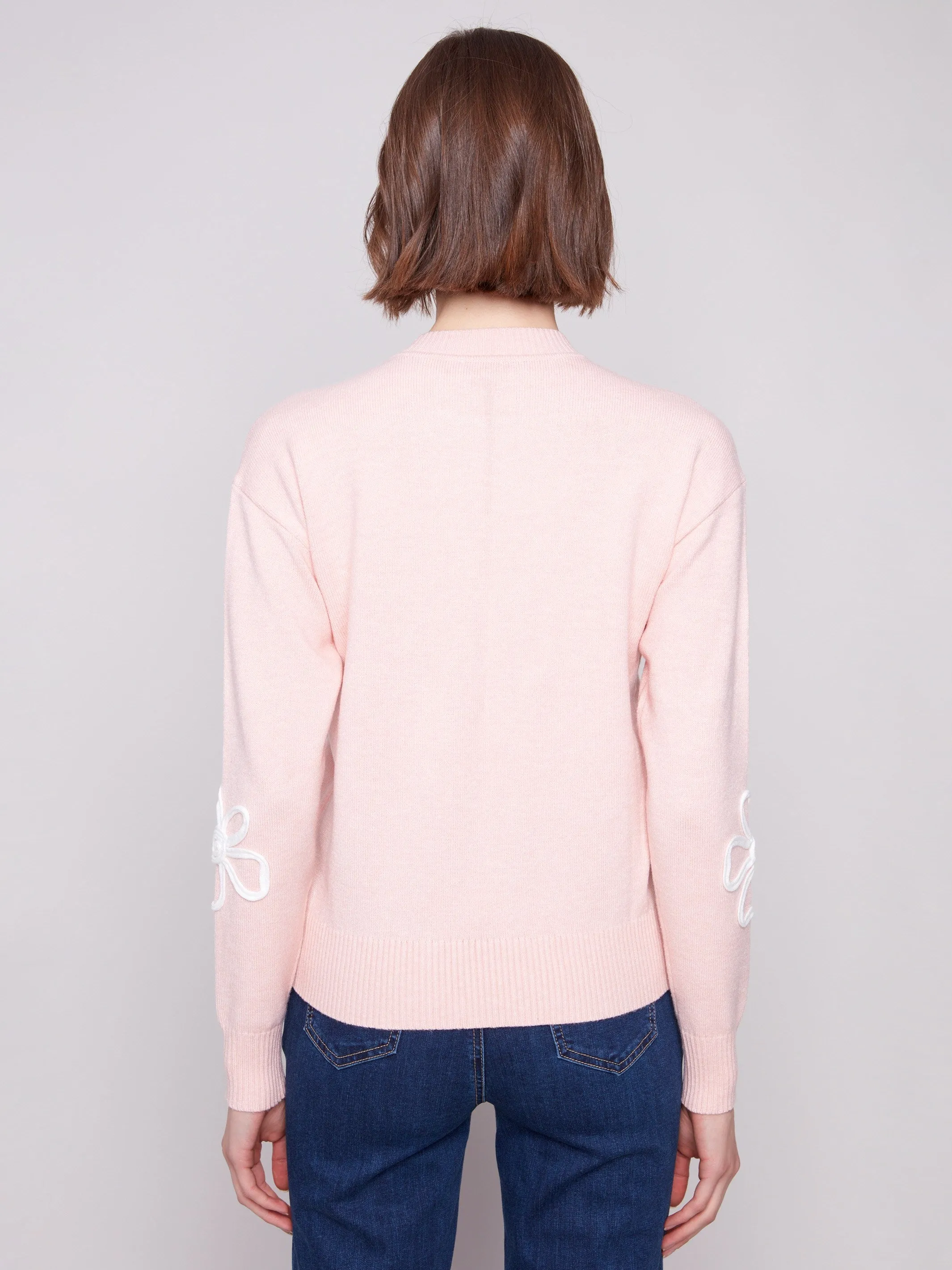 Trendy Knit Crew Neck Floral Soutache Sweater - Heather Ballet