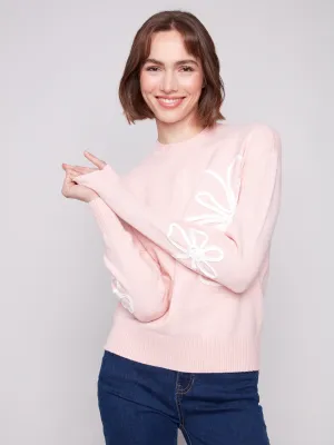 Cozy Warm Layer Crew Neck Floral Soutache Sweater - Heather Ballet