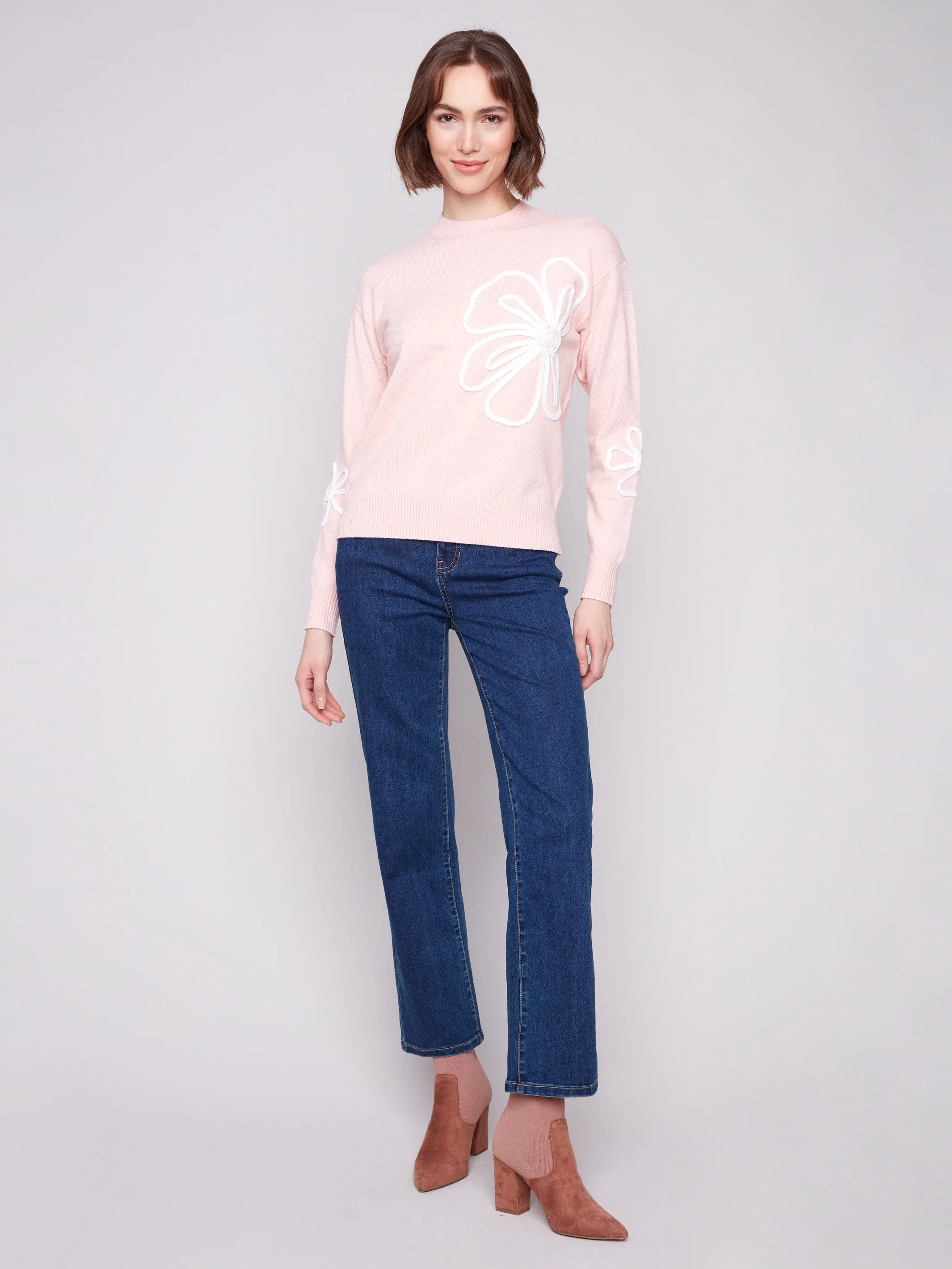 Crew Neck Floral Soutache Sweater - Heather Ballet Recycled Fiber Versatile Layering