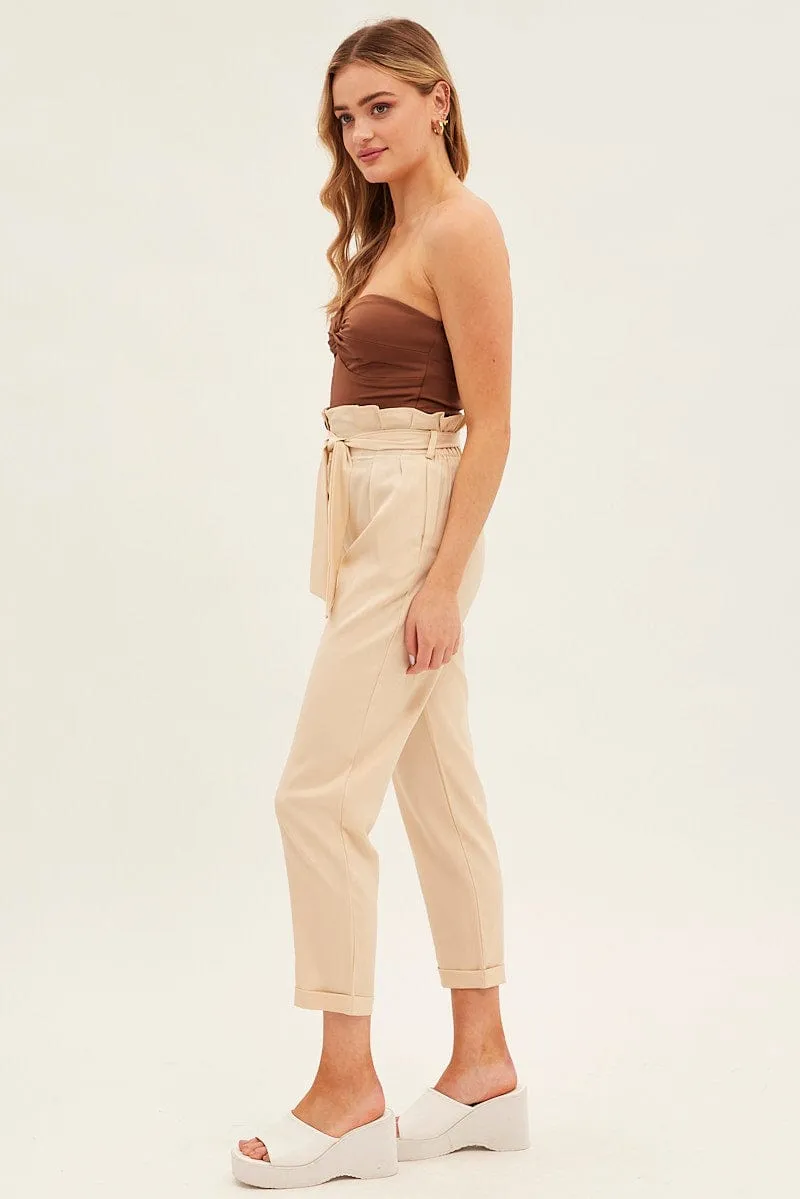 Beige Tie And Elastic Waist Slim Leg Pant Functional Fit Quality Fabric
