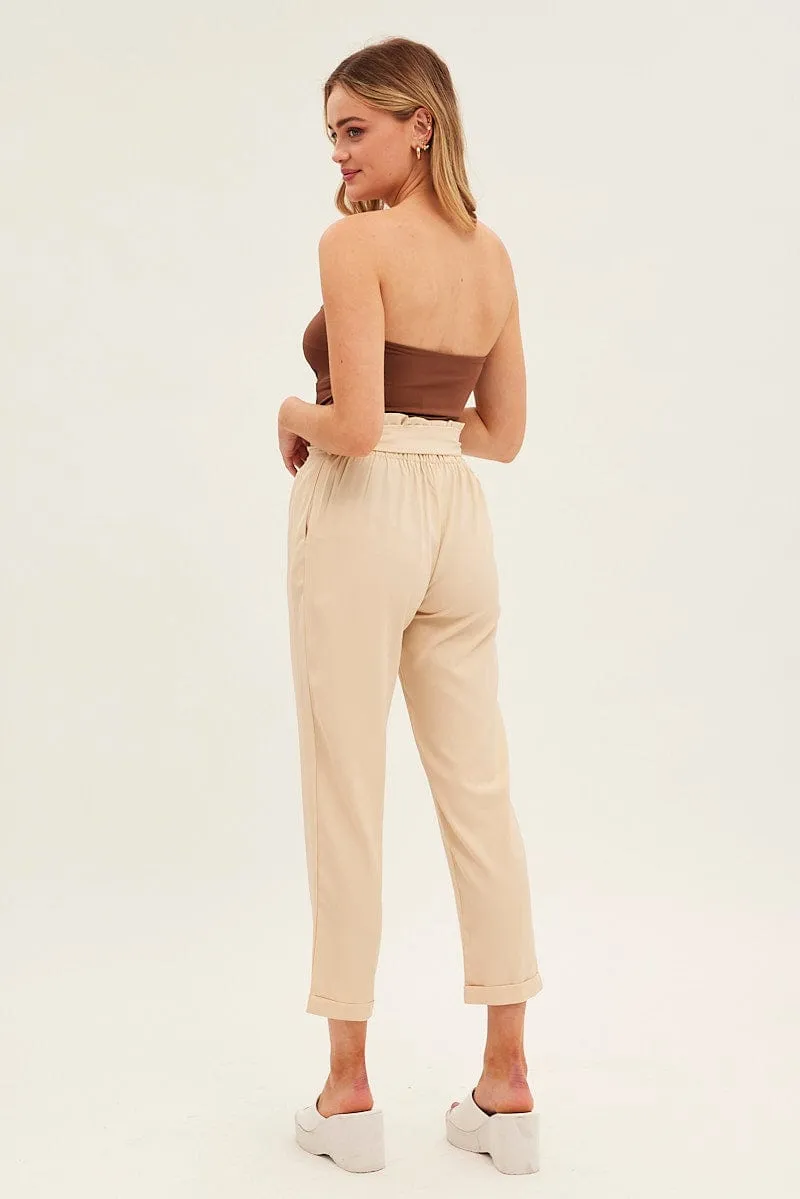 Flexible Fit AntiPilling Beige Tie And Elastic Waist Slim Leg Pant