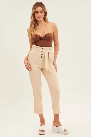 Travel Ready Beige Tie And Elastic Waist Slim Leg Pant
