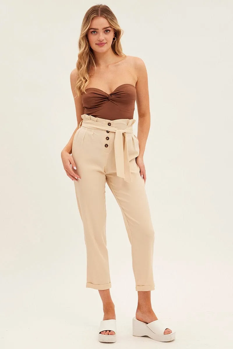 Travel Ready Beige Tie And Elastic Waist Slim Leg Pant