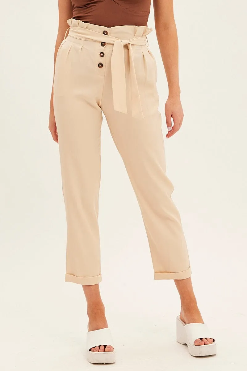 Beige Tie And Elastic Waist Slim Leg Pant Urban appeal