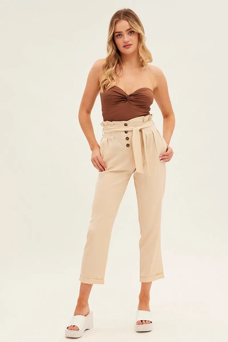 Beige Tie And Elastic Waist Slim Leg Pant Sweat Wicking Lining Multi Panel Construction