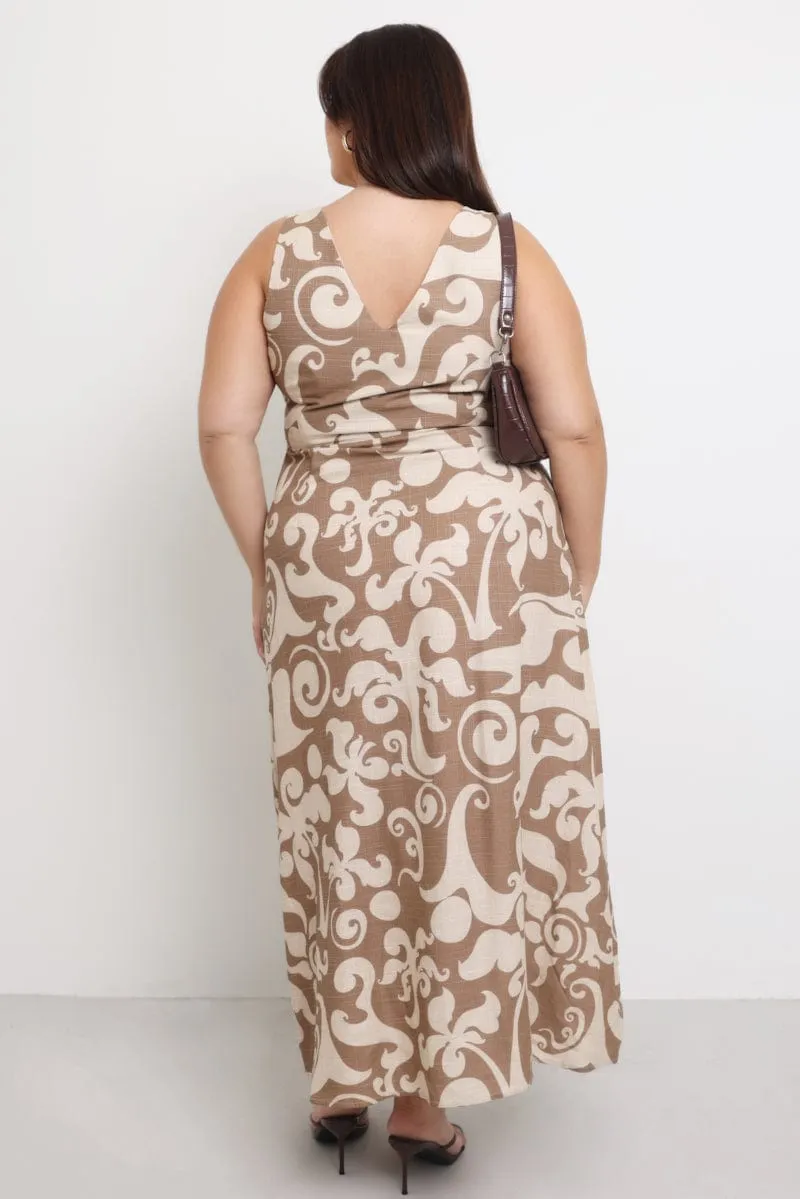 Sunshine Hour Silk Glow Beige Abstract Maxi Dress Sleeveless Linen Blend