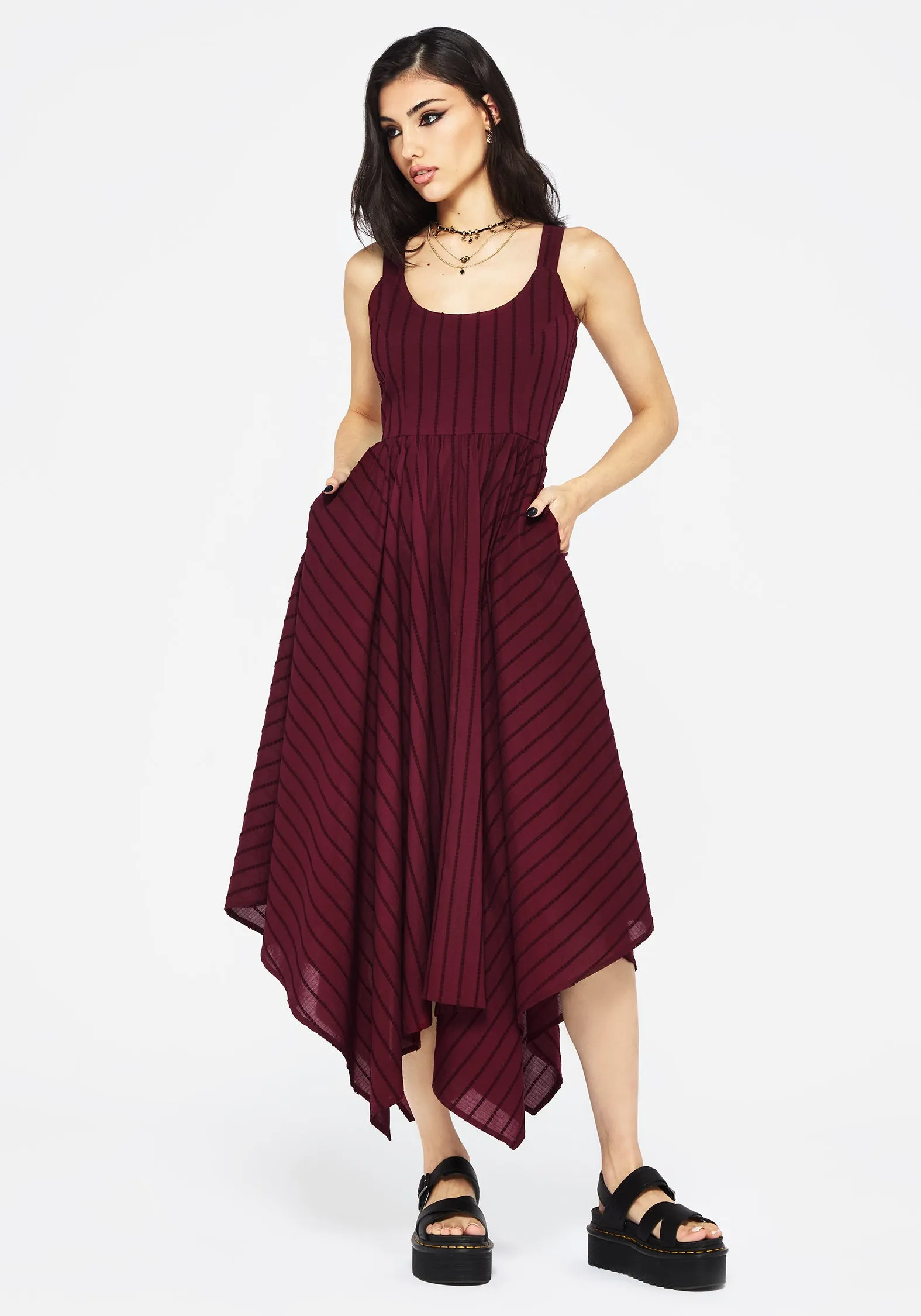 Blythe Cotton Handkerchief Hem Midaxi Dress - Burgundy Party Ready Tropical Path