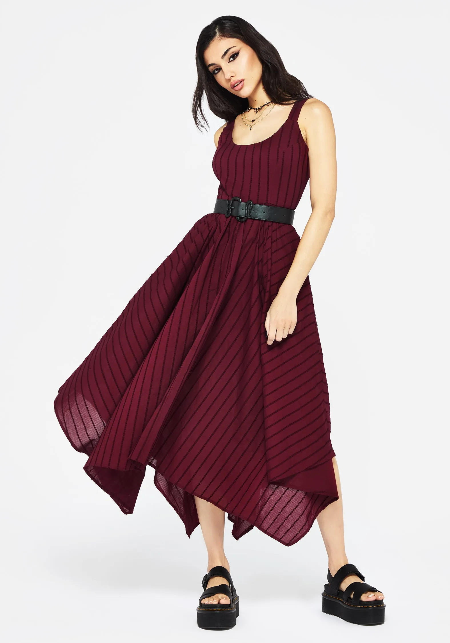 Blythe Cotton Handkerchief Hem Midaxi Dress - Burgundy Cowl Neck Light Weight