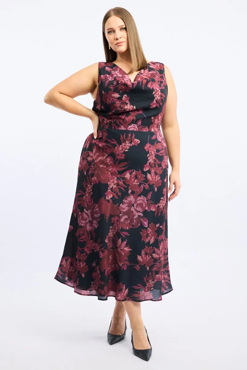 Leaf Glow Flow River Red Floral Maxi Dress Sleeveless Cowl Neck