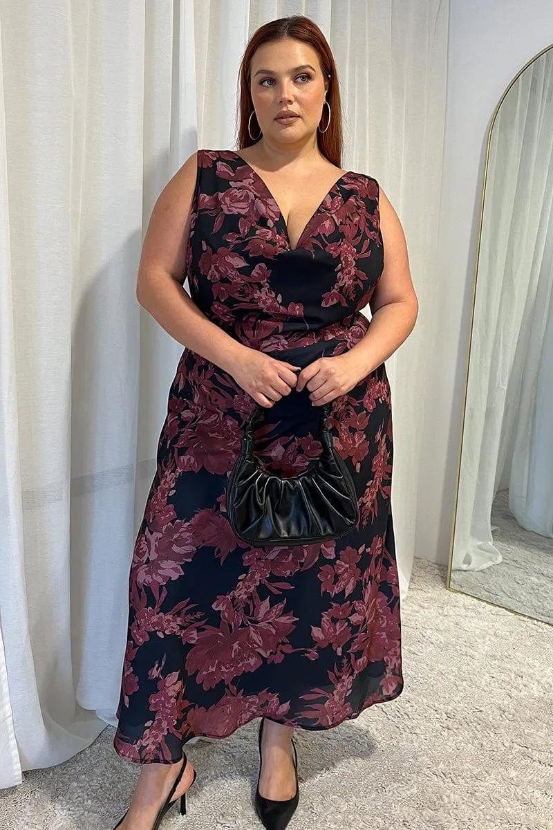 Red Floral Maxi Dress Sleeveless Cowl Neck Bronze Tone Desert Glow