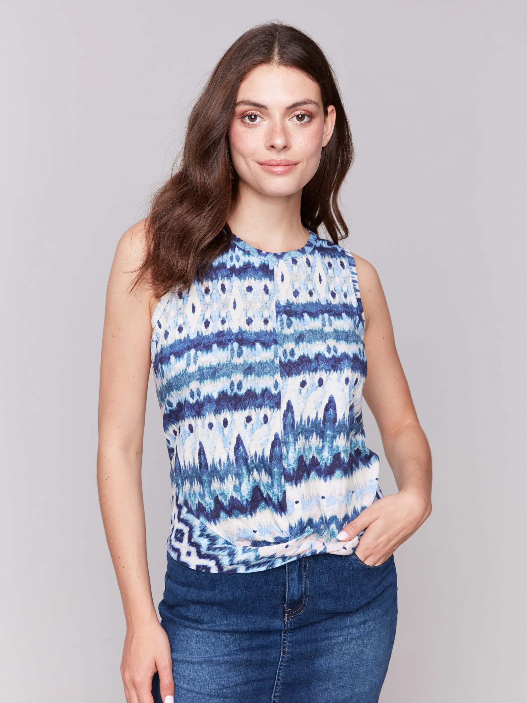 Weekend Ready Printed Cotton Slub Tank Top with Knot Detail - Lake Tahoe