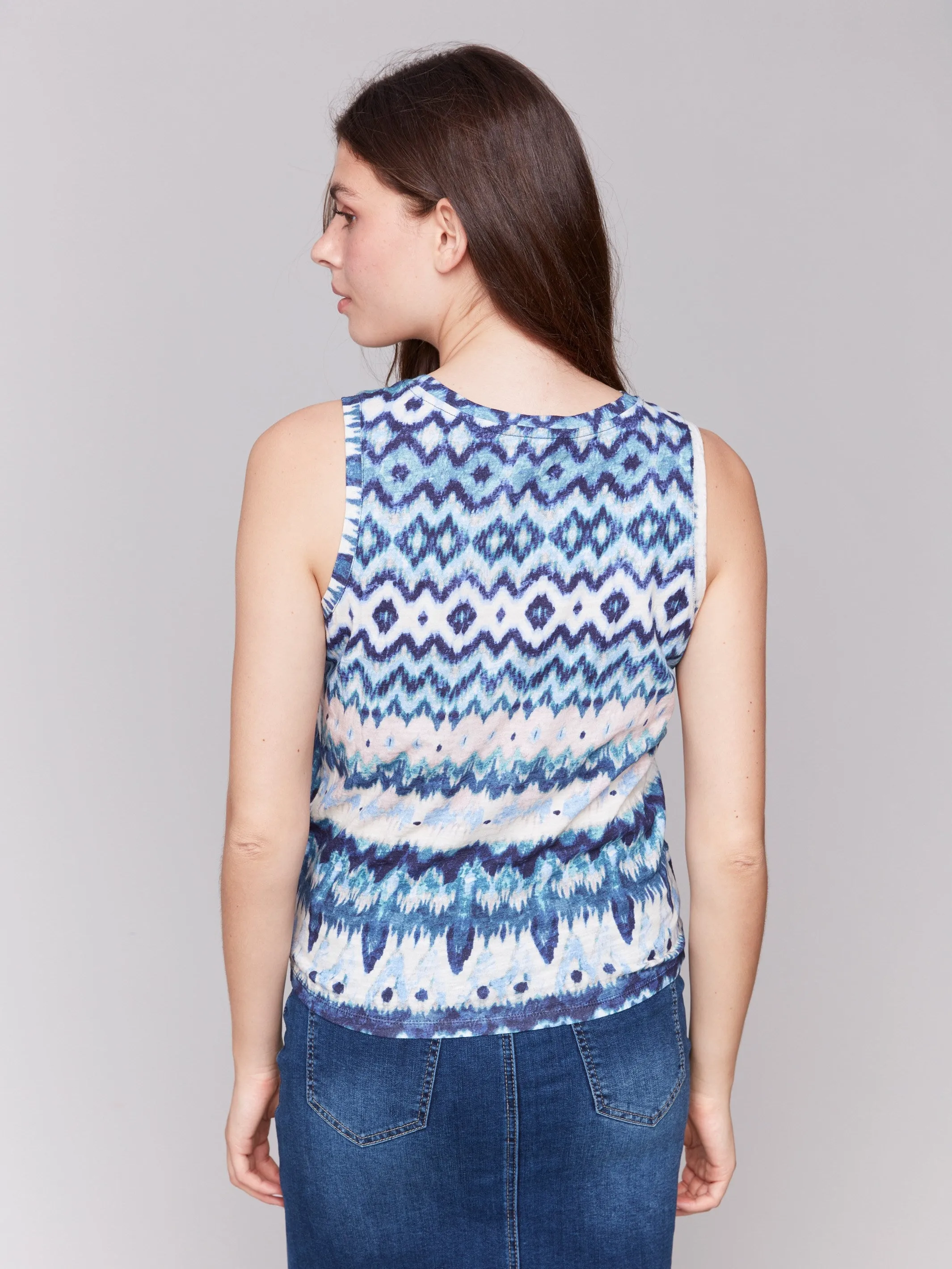 Breathable mesh panel Printed Cotton Slub Tank Top with Knot Detail - Lake Tahoe