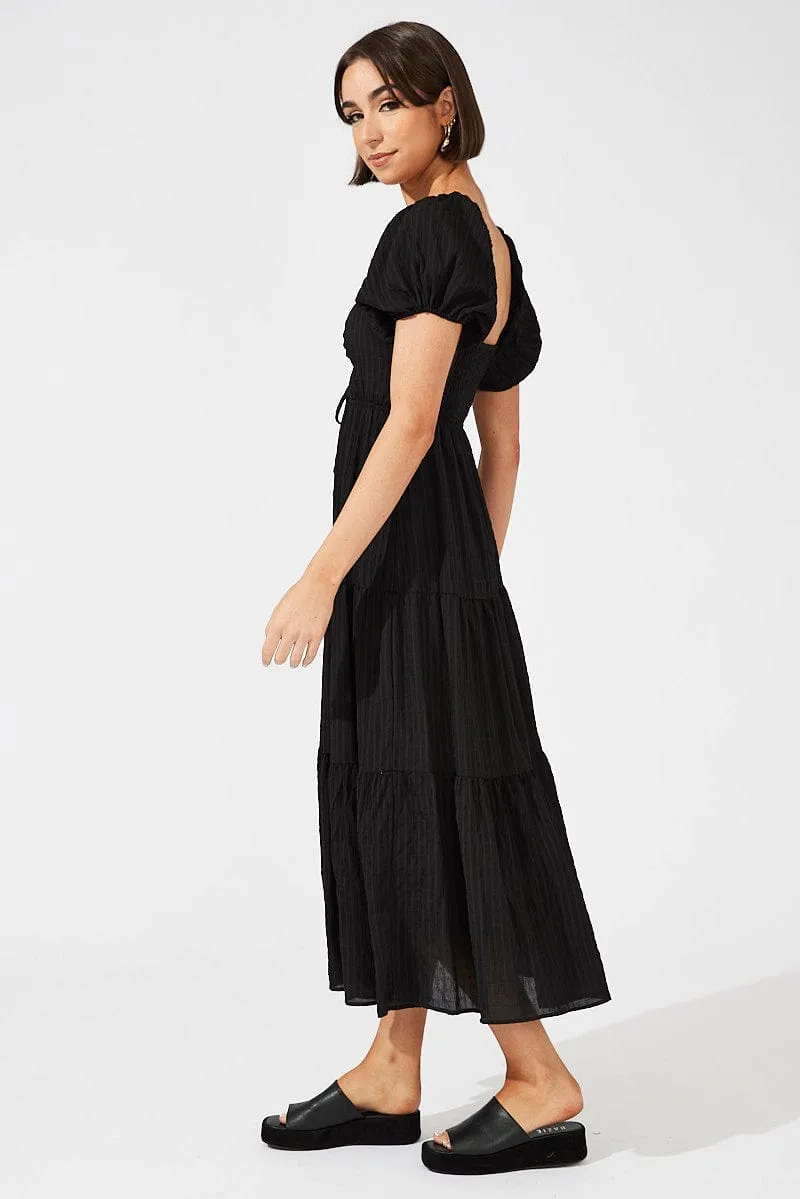 Black Midi Dress Puff Sleeve Ruch Front Day to Night Design