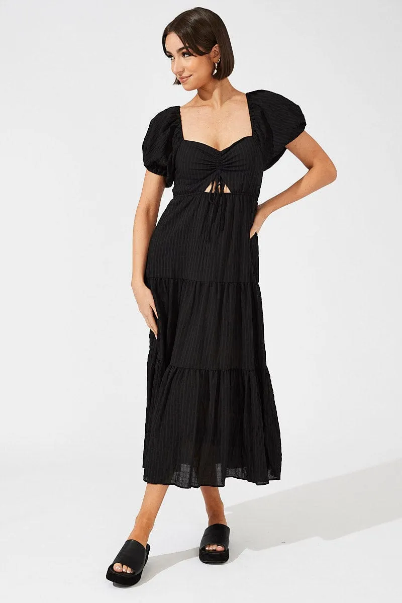 Black Midi Dress Puff Sleeve Ruch Front Olive Grove